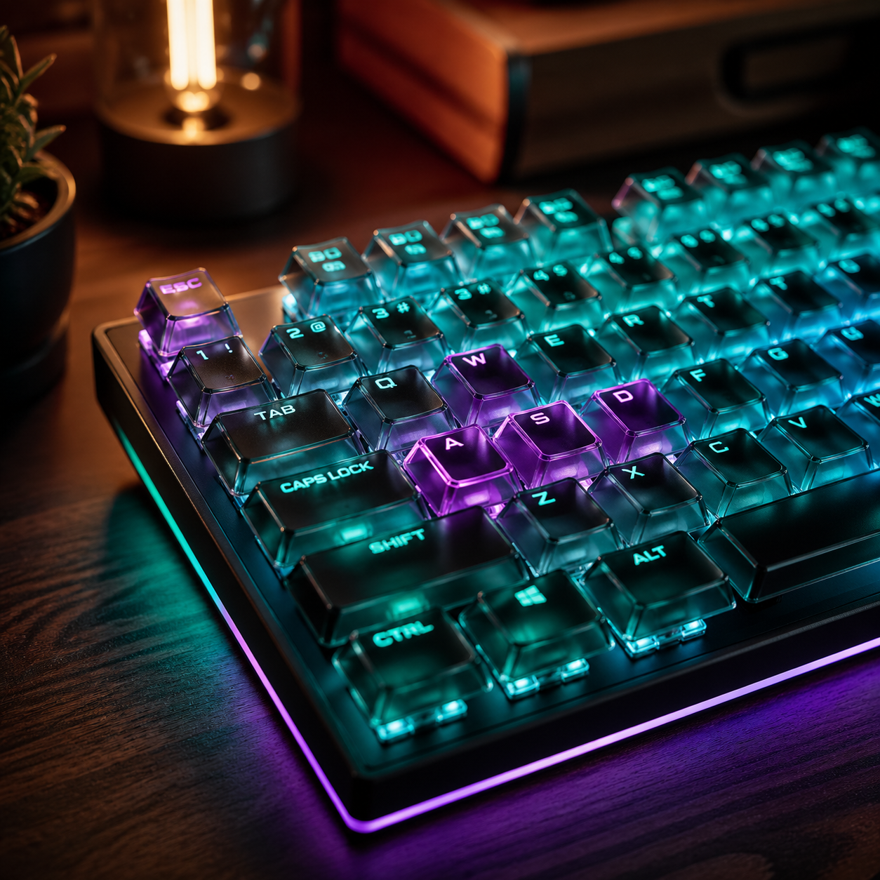 Colored backlighting shines through transparent keycaps on a walnut desk.