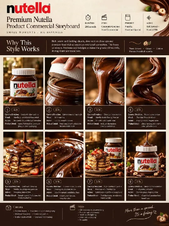 Eight coordinated shots form a single-page food advertising storyboard.