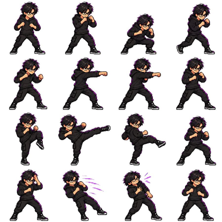 A 16-frame character sprite sheet covers idle, punch, and combat movements.