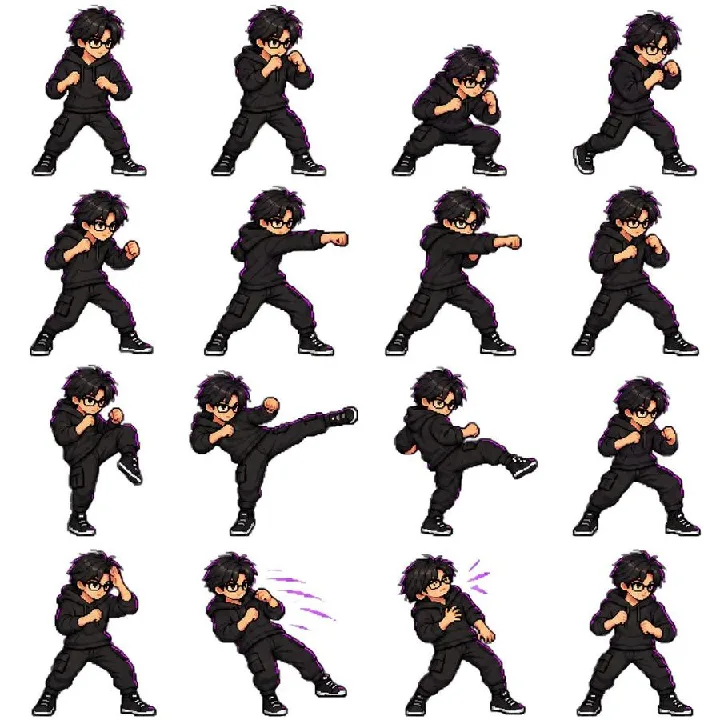 A 16-frame character sprite sheet covers idle, punch, and combat movements.