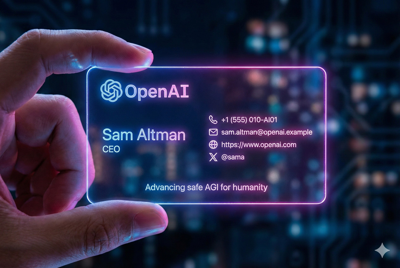 A translucent hand-held business card glows with blue, pink, and purple edges.