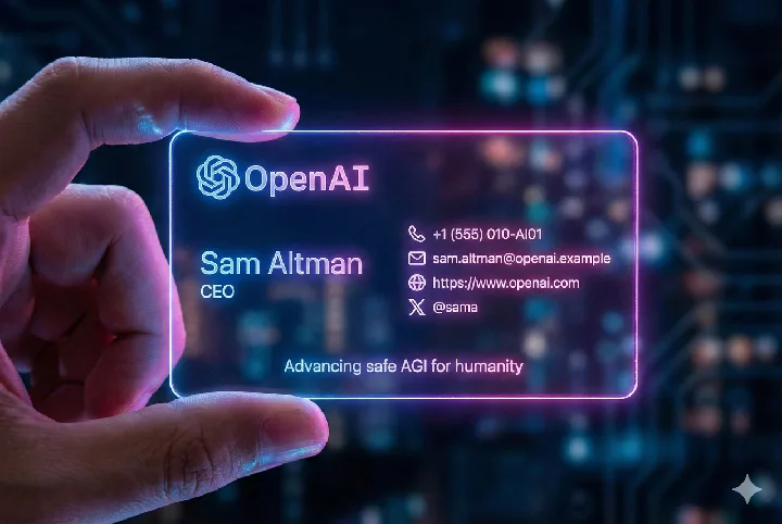 A translucent hand-held business card glows with blue, pink, and purple edges.