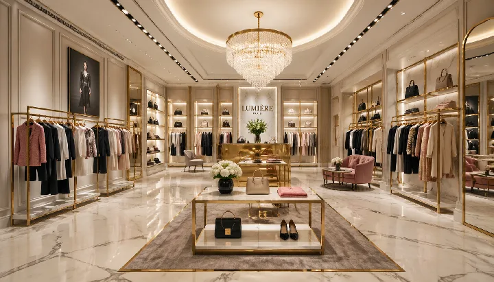 An elegant boutique interior with considered lighting and refined materials.