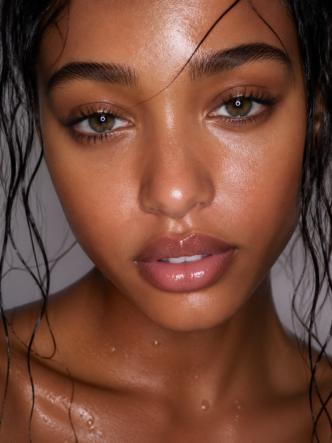 Ring lighting brings out water droplets and skin texture in a close-up portrait.