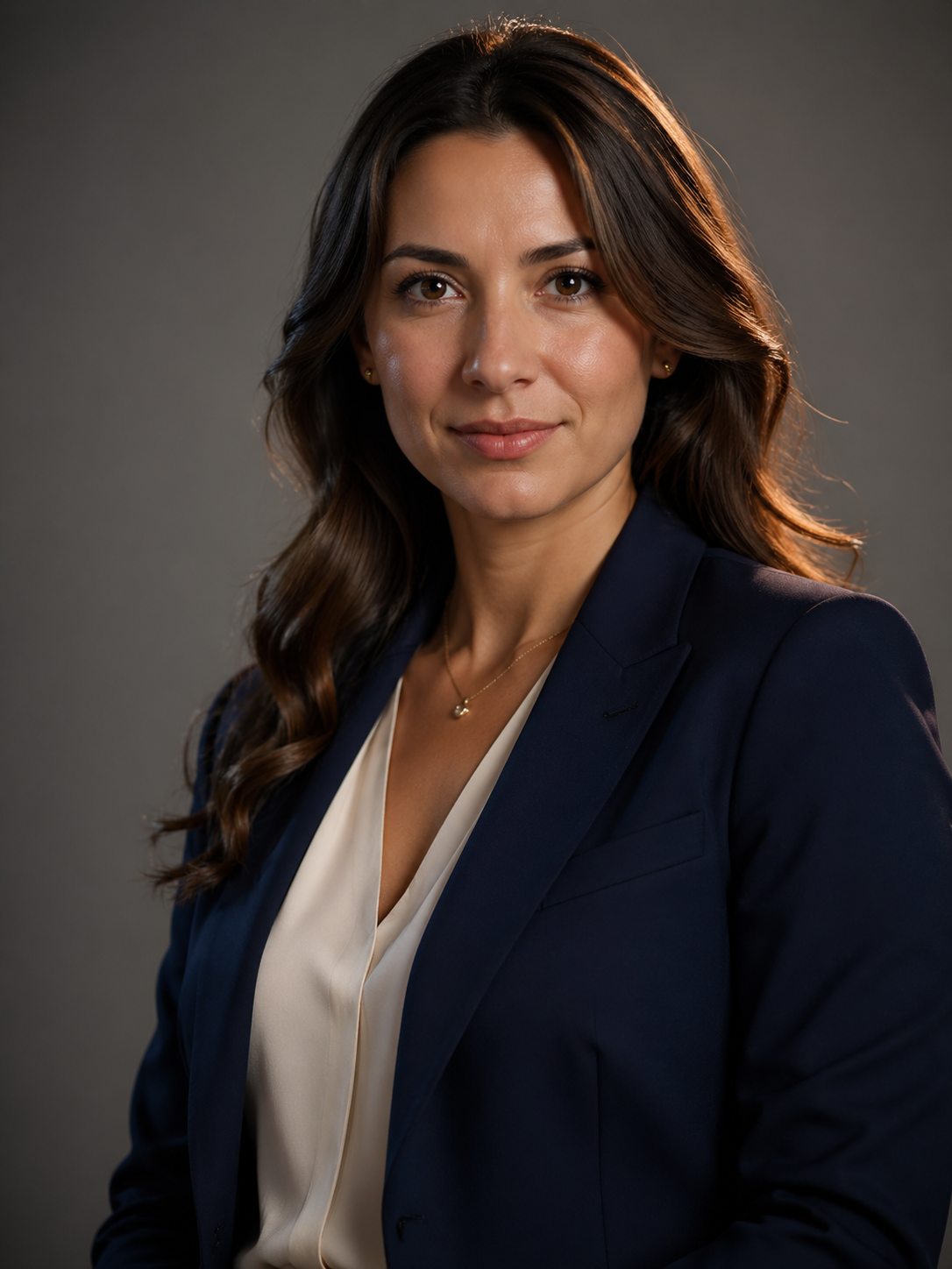 A studio portrait of a woman lit with soft, dimensional three-point lighting.