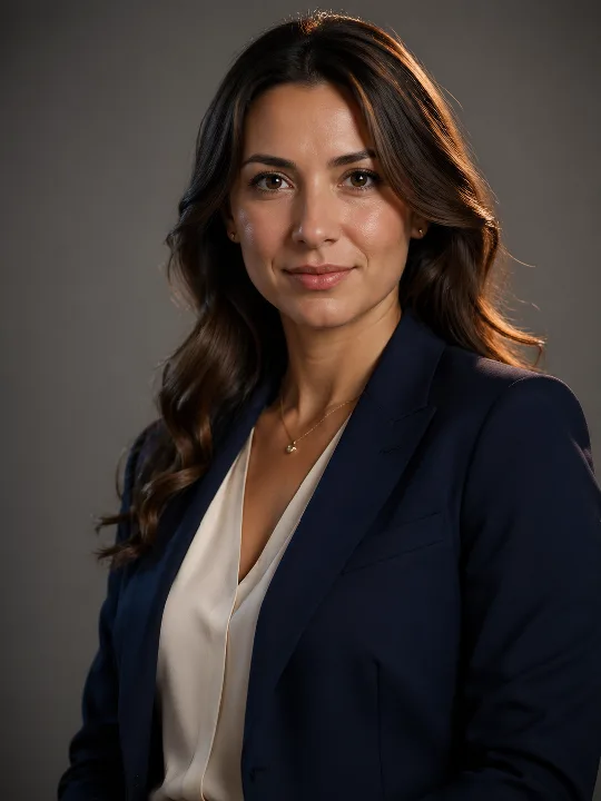 A studio portrait of a woman lit with soft, dimensional three-point lighting.