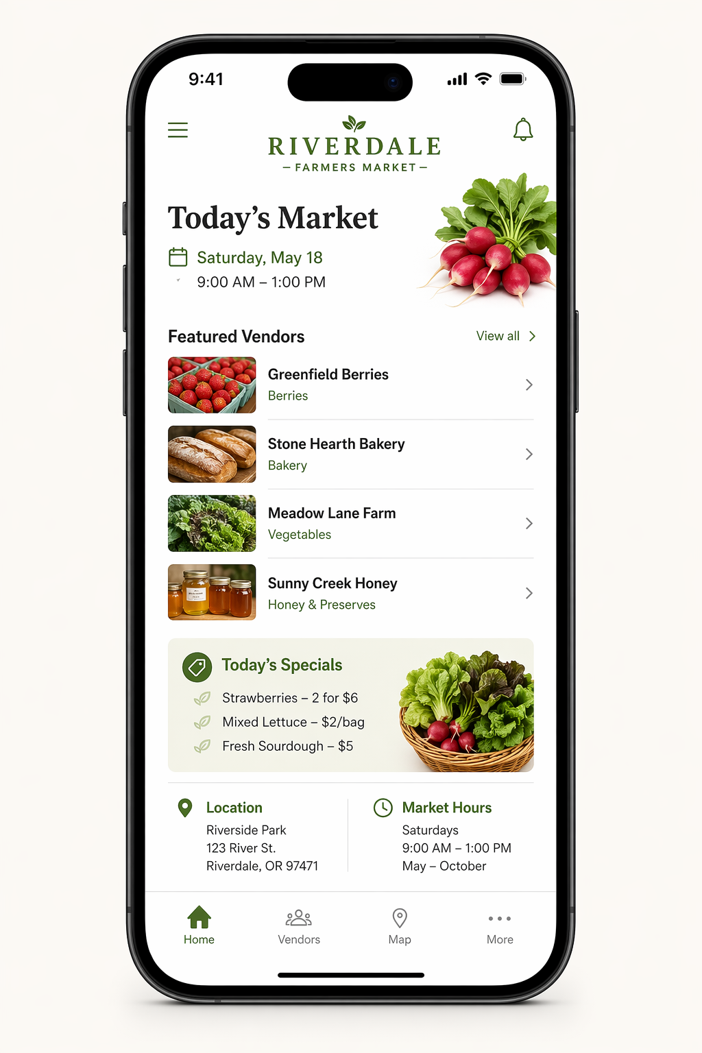 A mobile market interface with vendor listings and a clear shopping layout.