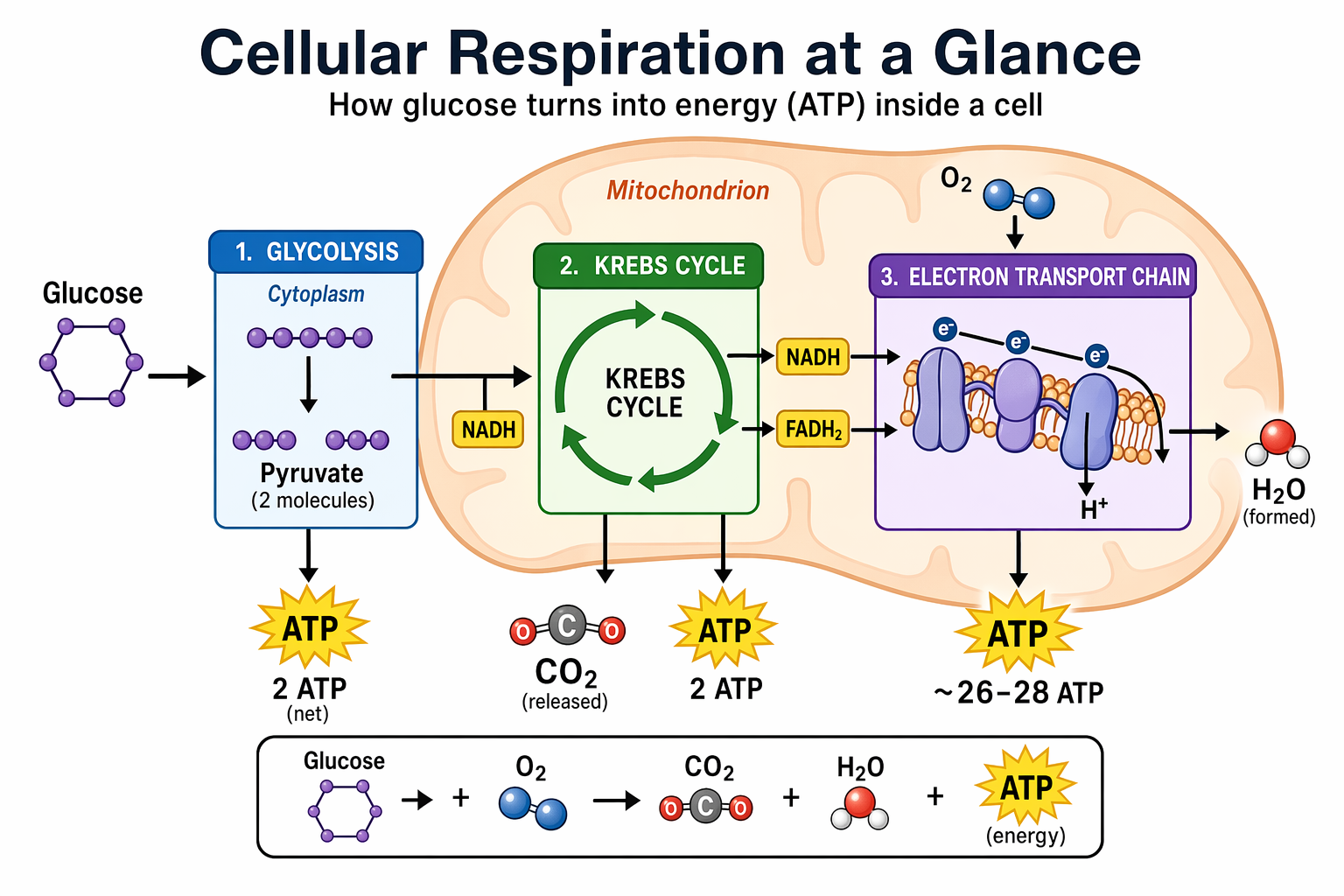A biology diagram connects glucose, cellular processes, and energy production.