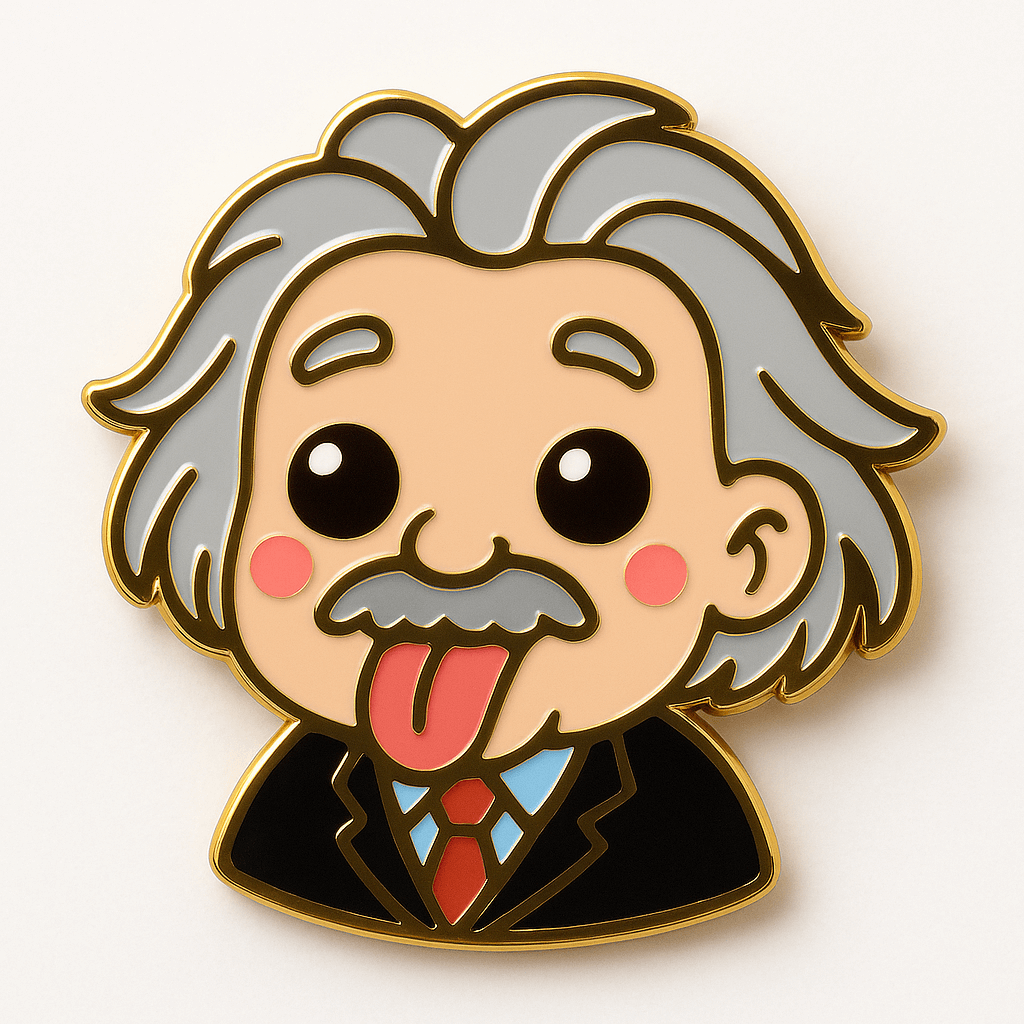 A reference character becomes a bright enamel pin with glossy metal outlines.
