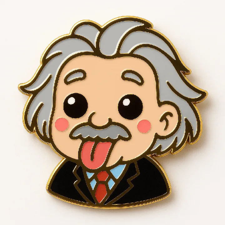 A reference character becomes a bright enamel pin with glossy metal outlines.