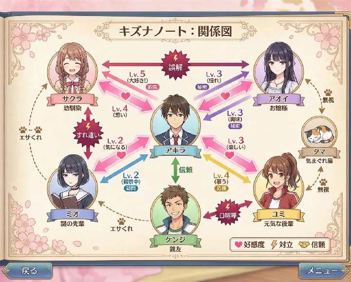Seven illustrated characters are connected by relationship arrows and story conflicts.