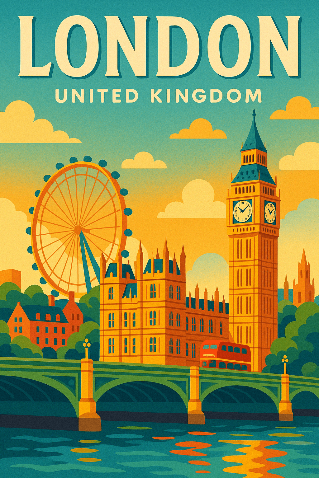 A colorful London travel poster with Big Ben and the London Eye.