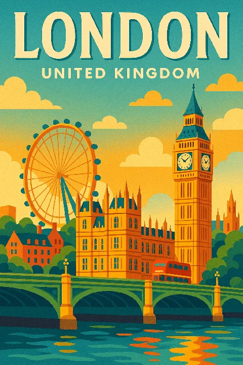 A colorful London travel poster with Big Ben and the London Eye.