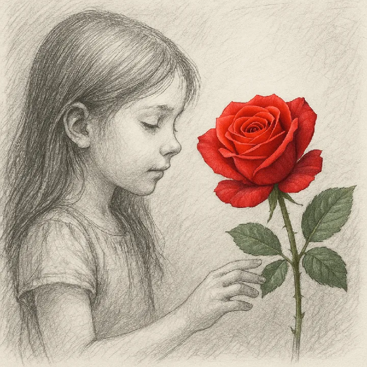 A realistic colored subject interacts with a hand-drawn pencil scene.