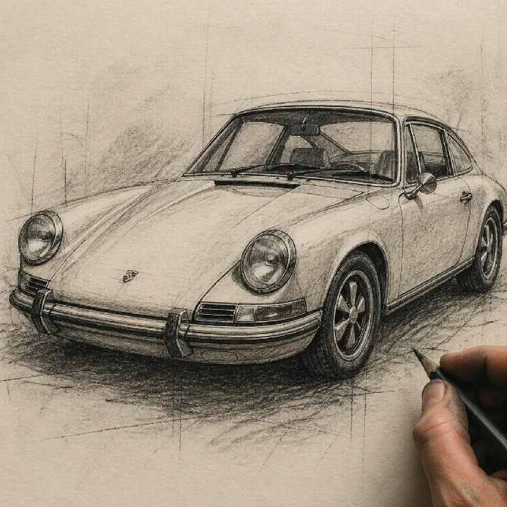 A pencil drawing of a classic sports car with visible construction lines.
