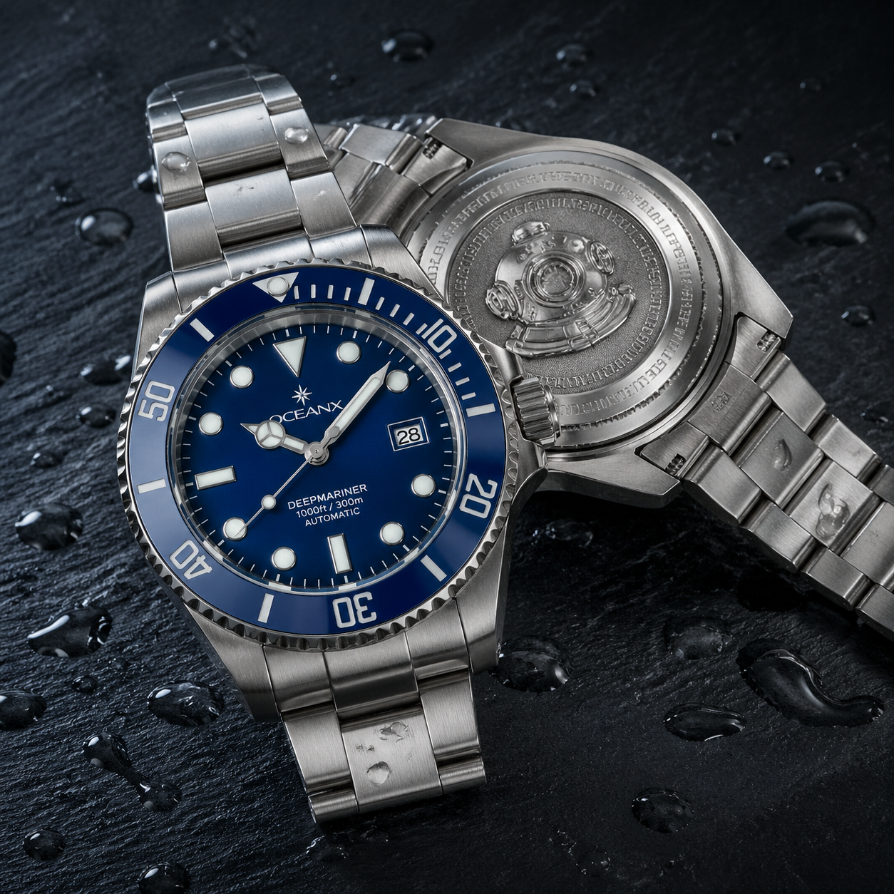 A steel watch and blue bezel catch dramatic light on a dark surface.