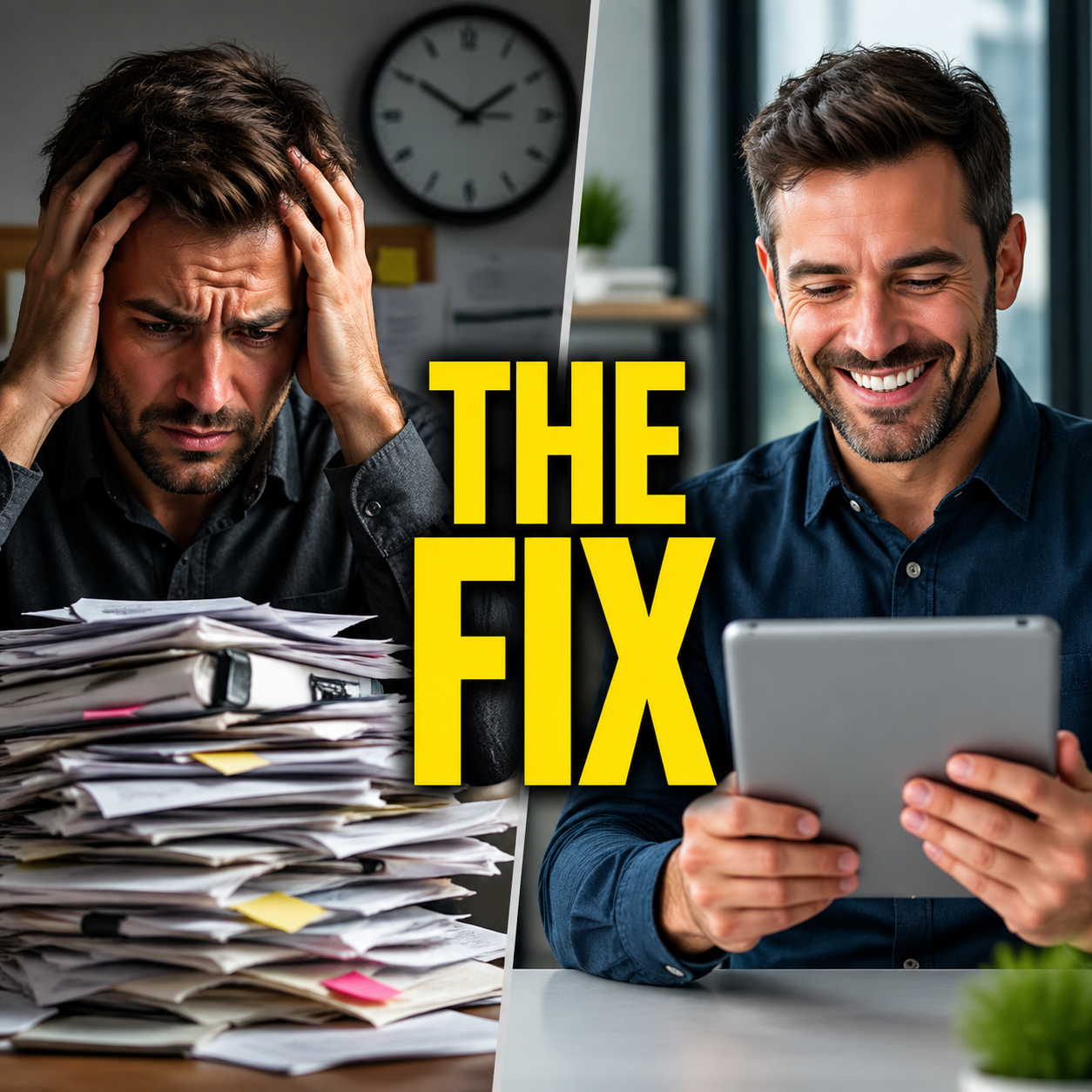 A split-screen composition contrasts paperwork frustration with a clear digital solution.