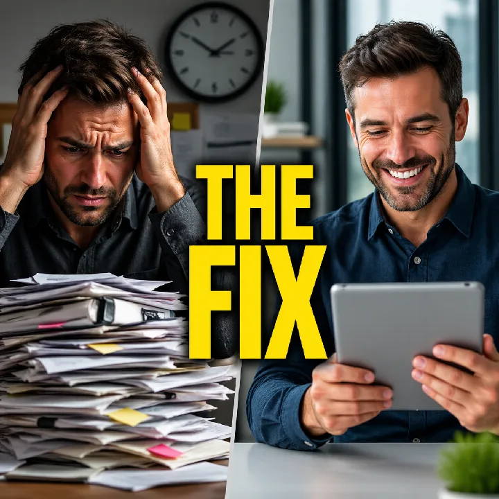 A split-screen composition contrasts paperwork frustration with a clear digital solution.