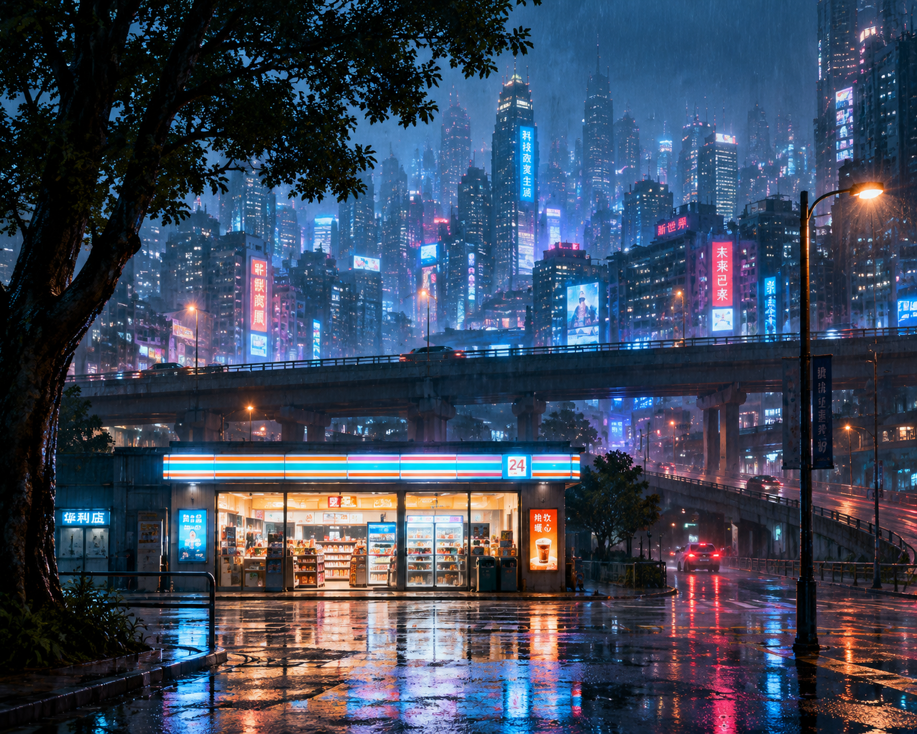 A brightly lit convenience store beneath an elevated highway in a rainy cyberpunk city, with blue and orange reflections on wet pavement, a tree on the left and dense neon-lit towers beyond.