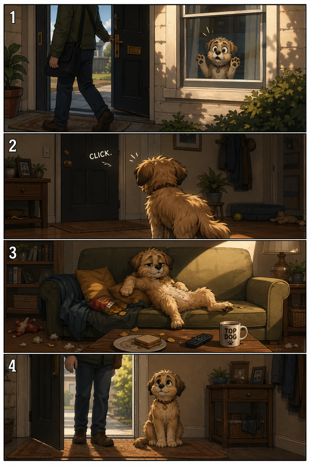 Four illustrated panels tell the story of a pet left home alone.