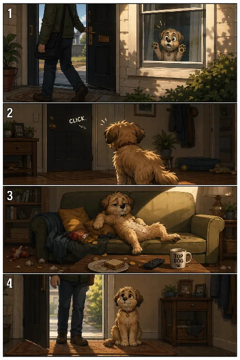 Four illustrated panels tell the story of a pet left home alone.