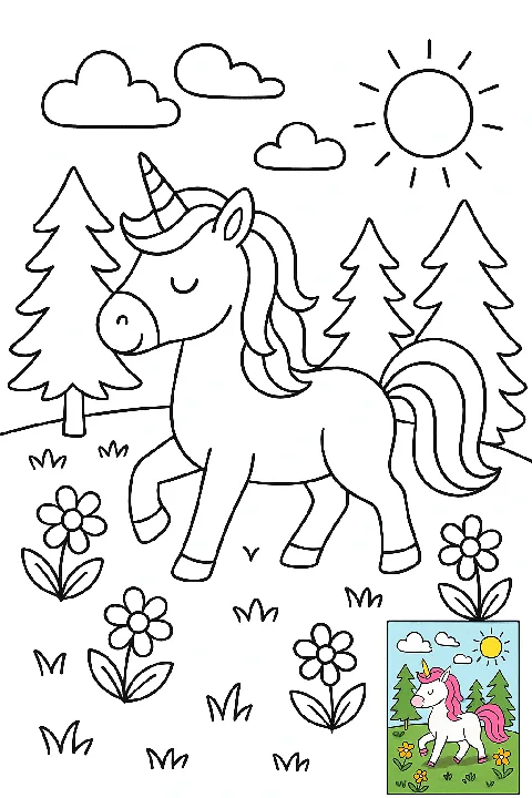 A children's coloring page with outlined drawings and a colored example.