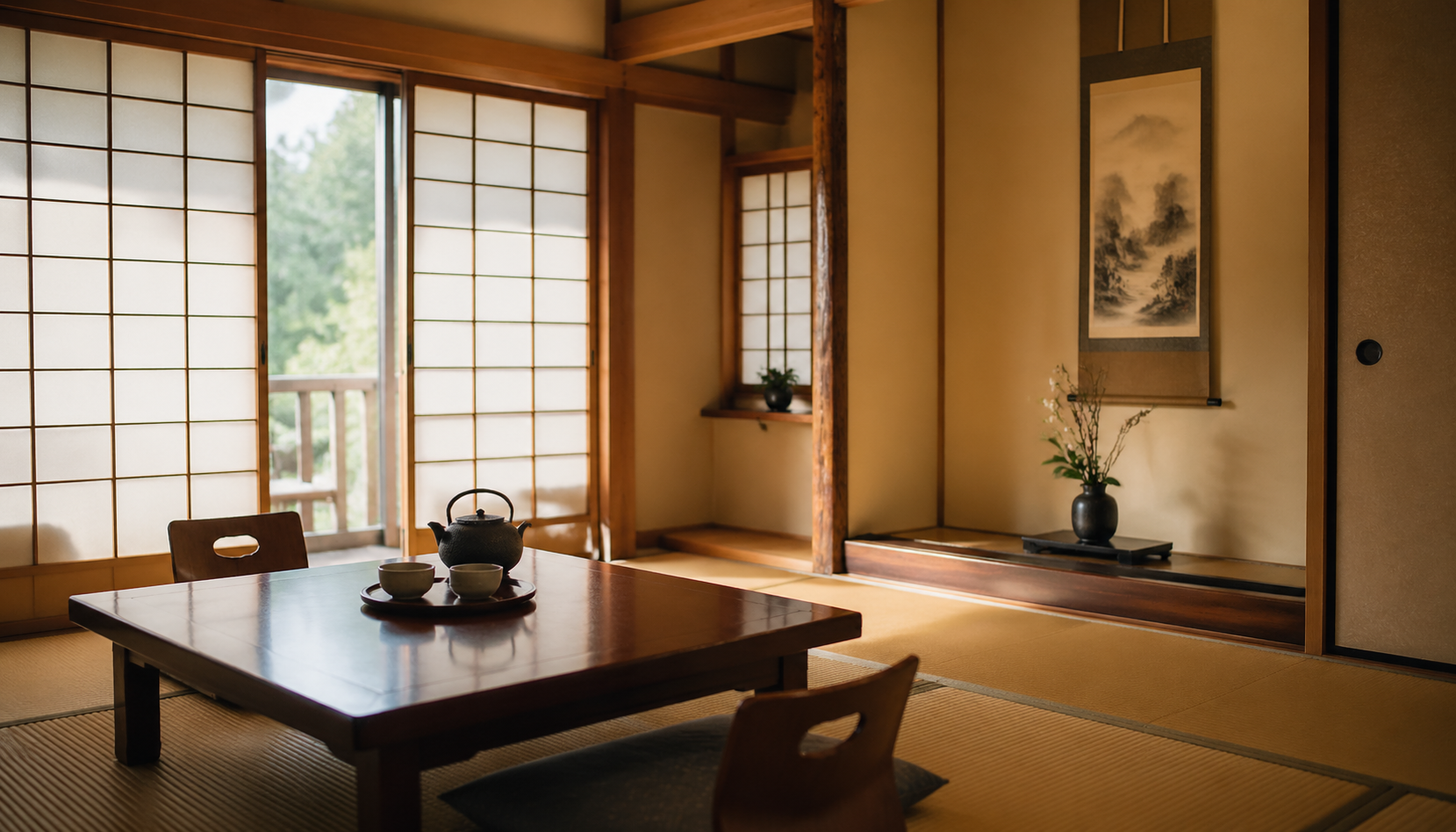 Tatami, shoji screens, and a tea set create a restrained interior composition.