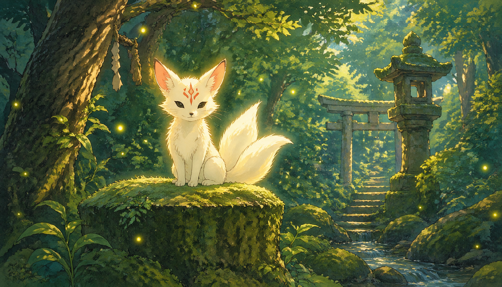 A three-tailed fox sits among moss, fireflies, and soft forest light.