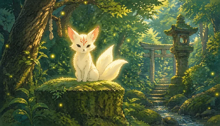 A three-tailed fox sits among moss, fireflies, and soft forest light.