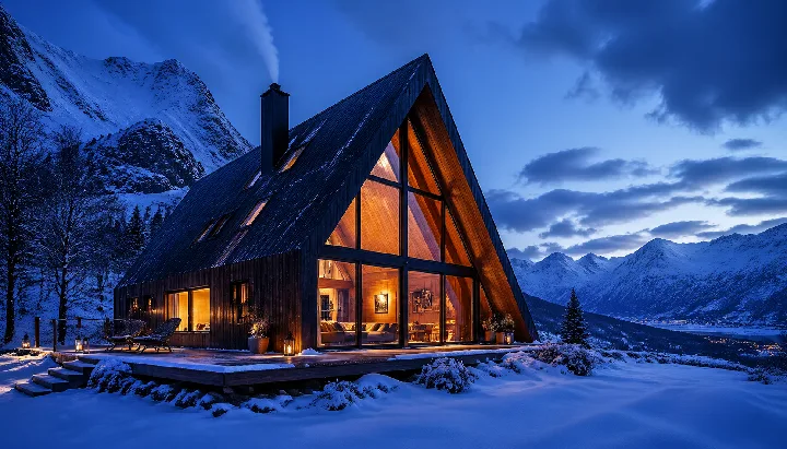 Warm interior light shines through a charred-wood cabin in a snowy landscape.
