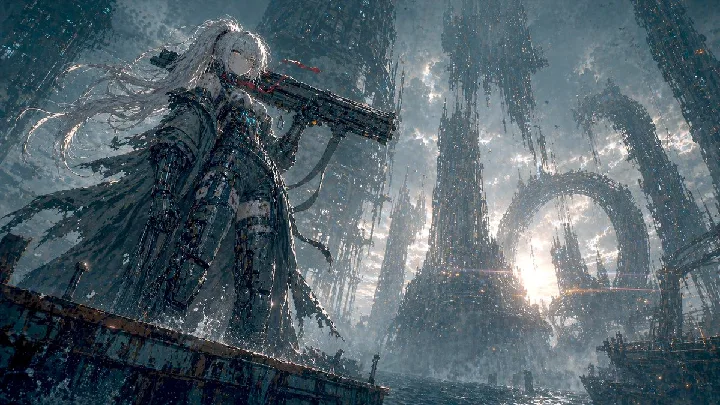 A pale-haired character stands on rusting industrial structures over an abandoned harbor.