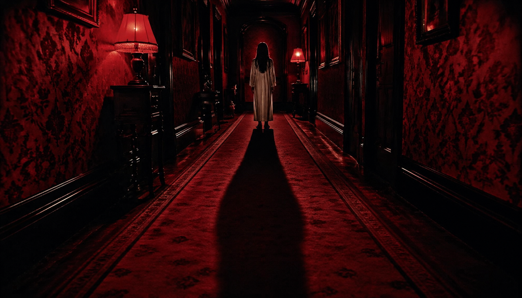 A long Victorian hallway uses red light and deep shadows to build suspense.