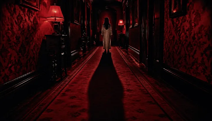 A long Victorian hallway uses red light and deep shadows to build suspense.