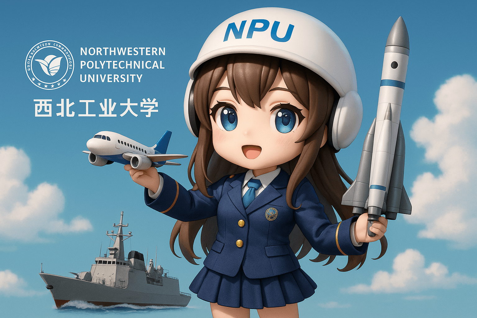 A chibi university character combines aerospace-inspired clothing and accessories.