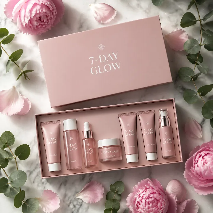 Skincare products arranged with flower petals on pale marble.